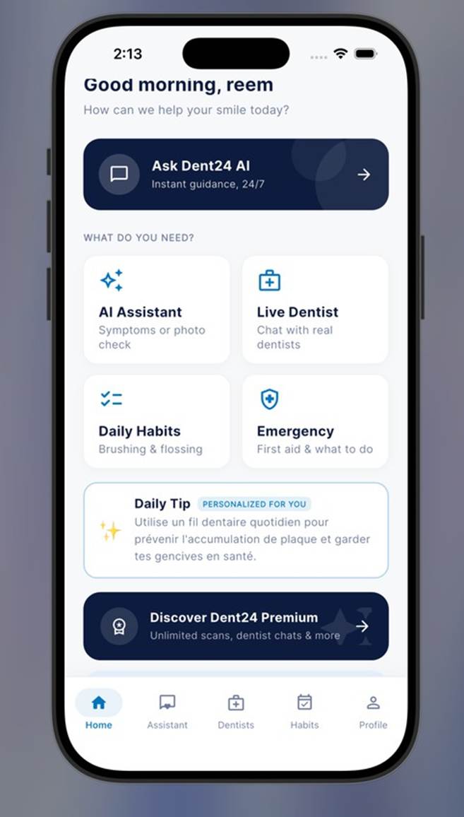 Dent24 app home screen with AI Assistant, Live Dentist, Daily Habits and Emergency sections